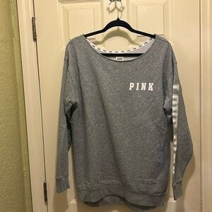 VICTORIA’S SECRET PINK OFF SHOULDER SWEAT SHIRT LOVE PINK ON ARM SIZE SMALL